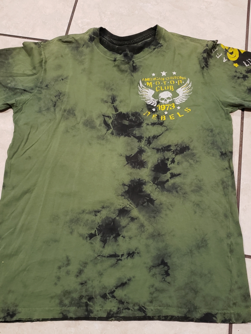 Affliction Olive Green Tie-Dye Graphic Tee with Yellow Accents
